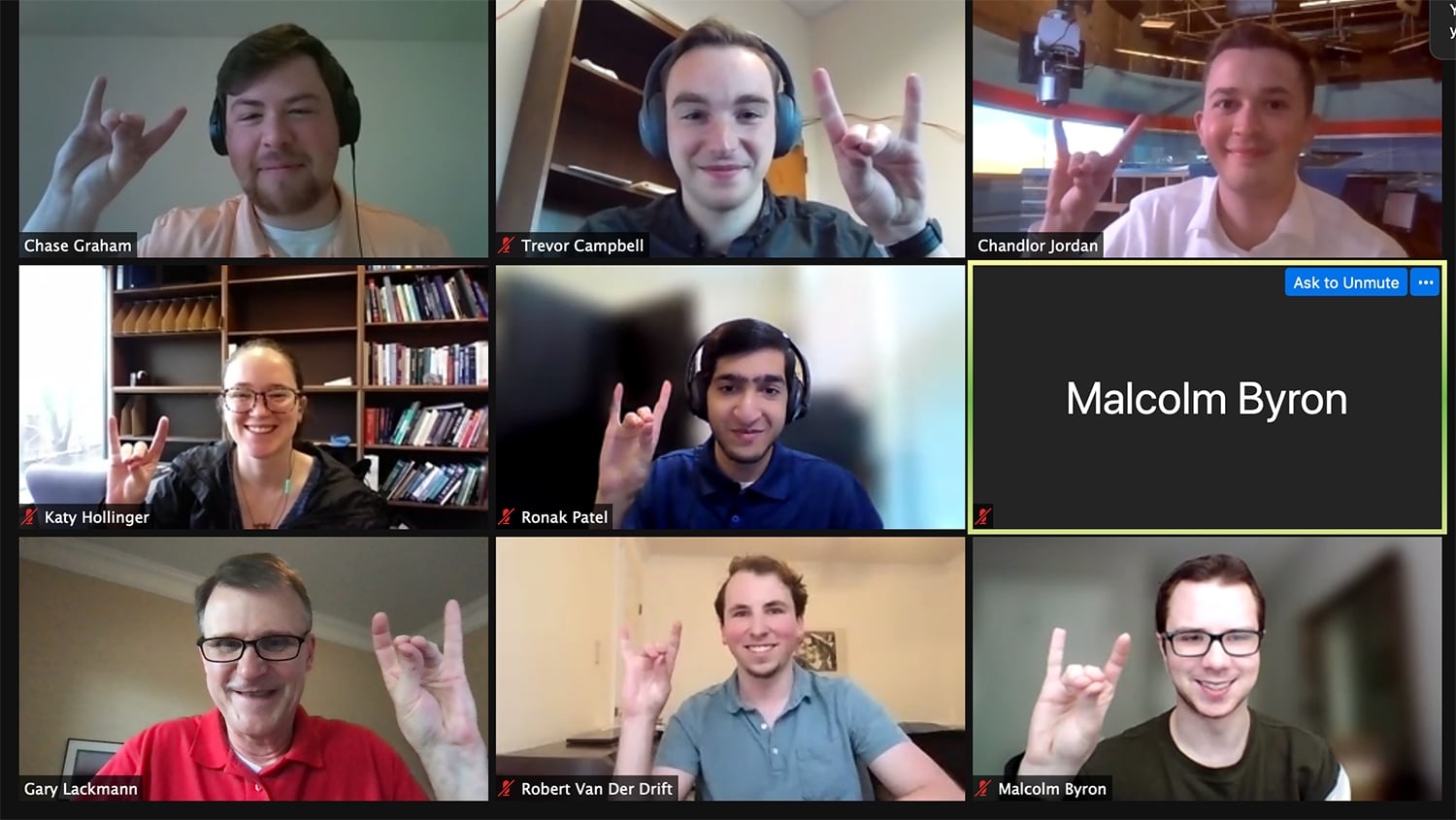 A screenshot of a Zoom meeting with the WxChallenge team members holding up wolf hands