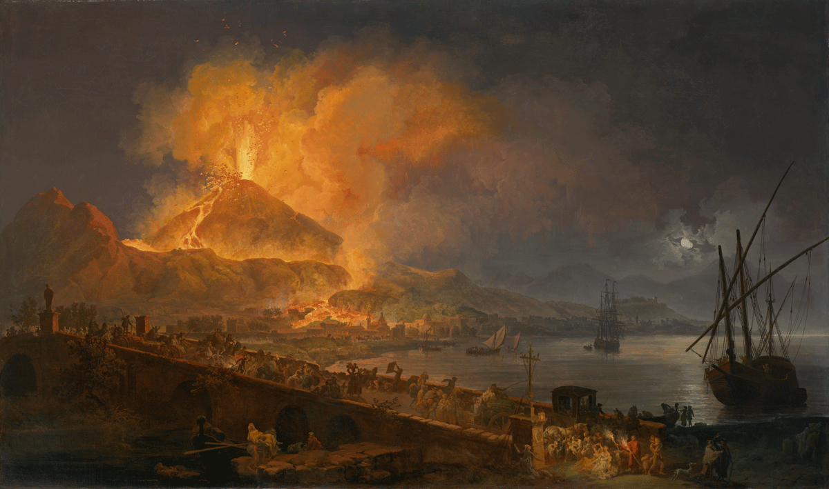 Oil painting of a more than 7-foot wide scene of a volcanic eruption. People in the foreground of the image flee. Pierre-Jacques Volaire, The Eruption of Mt. Vesuvius, 1777, oil on canvas, 53 1/8 x 89 in. (134.9 x 226.1 cm) North Carolina Museum of Art, Raleigh; Purchased with funds from the Alcy C. Kendrick Bequest and the State of North Carolina, by exchange, 82.1
