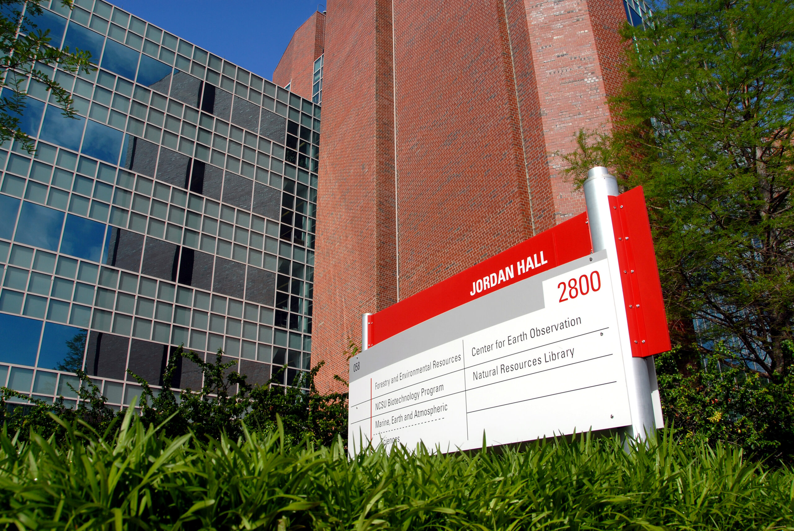 Photo of sign outside Jordan Hall, showing what departments and organizations are housed in the building