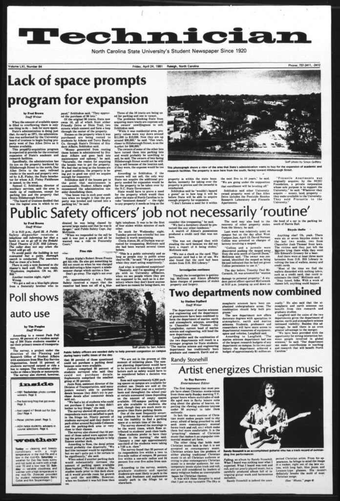 The Technician newspaper from April 24, 1981, with one article talking about the merger of the departments