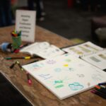 A canvas is covered in children's drawings of plankton