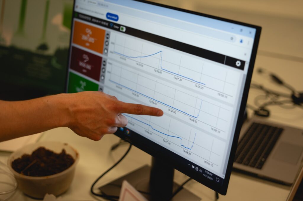 A person points to a computer screen that shows three different line graphs, breaking down what greenhouse gasses are in your breath