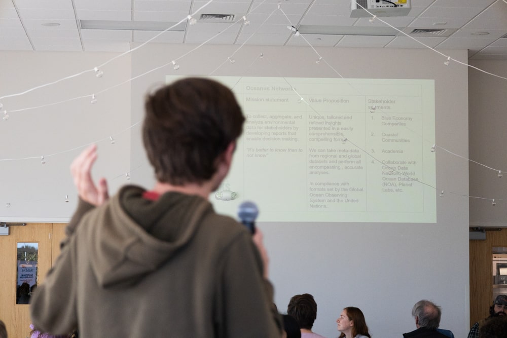 A student presents their final pitch