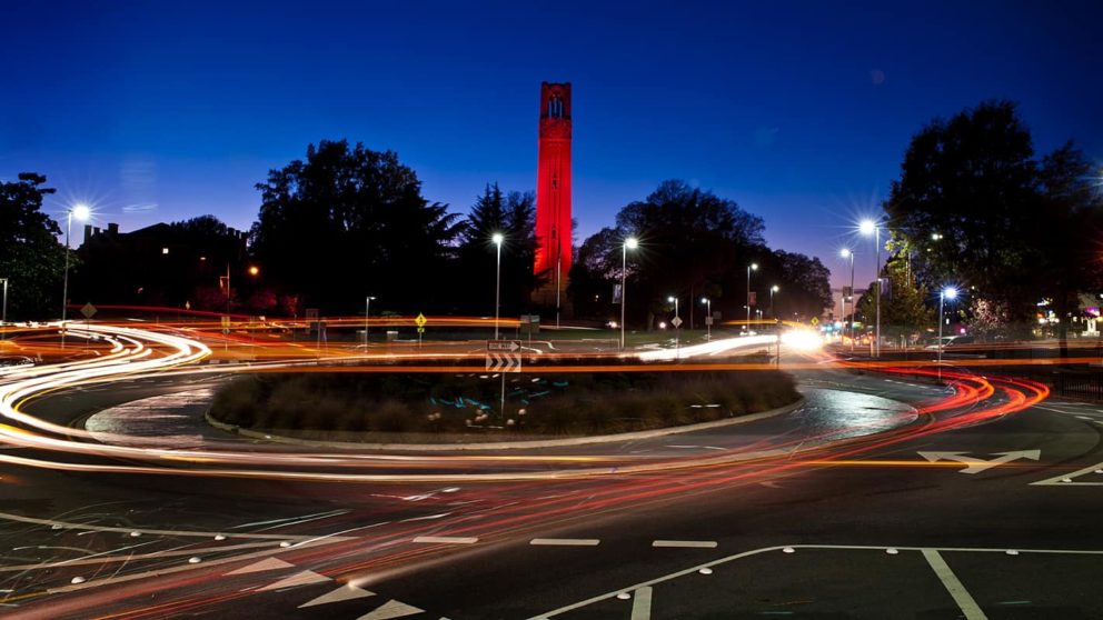 NC State Belltower at night